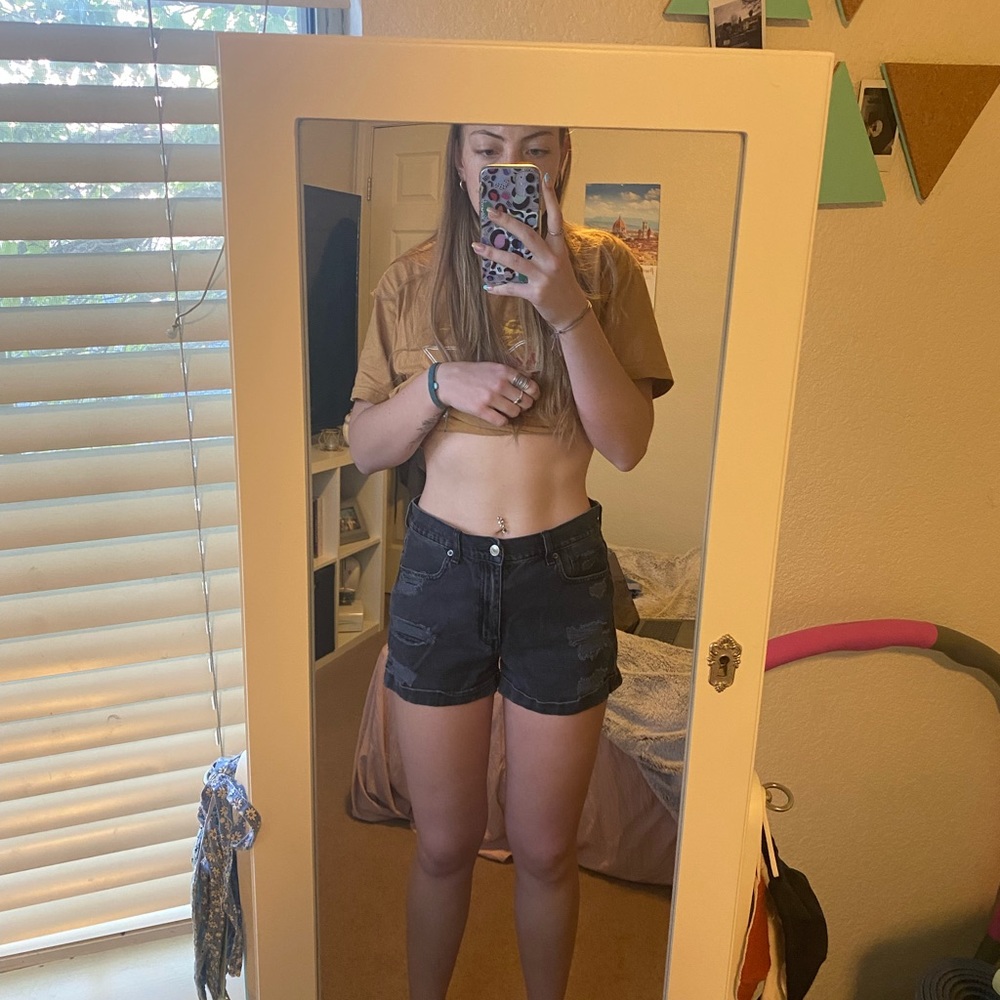 Black ripped denim shorts